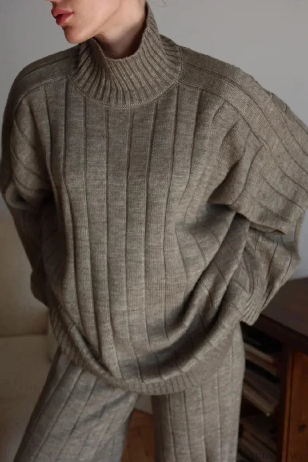 Striped Knit Elegant Sweater Wide-Leg Pants Two Piece Set