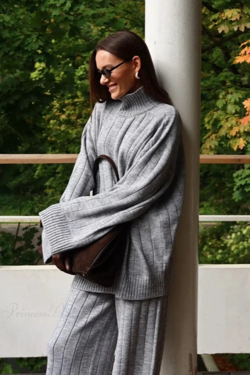 Striped Knit Elegant Sweater Wide-Leg Pants Two Piece Set Grey / S