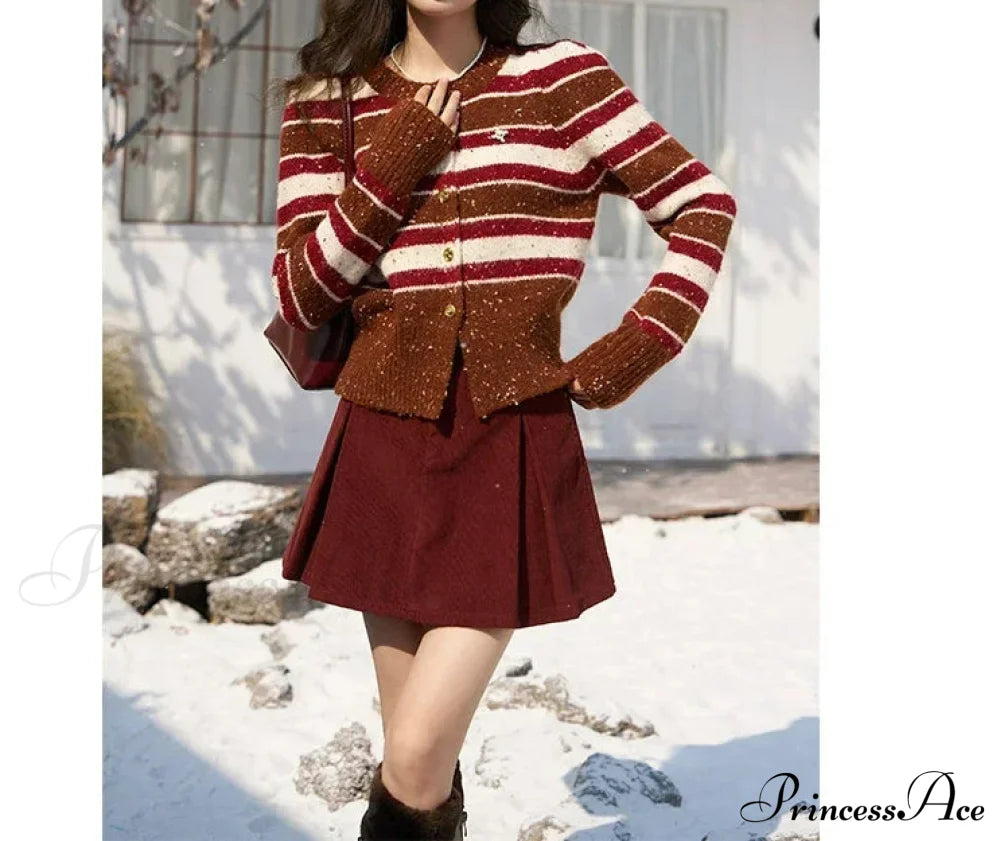 Striped Knitted Round Neck Cardigan Cardigan-241208