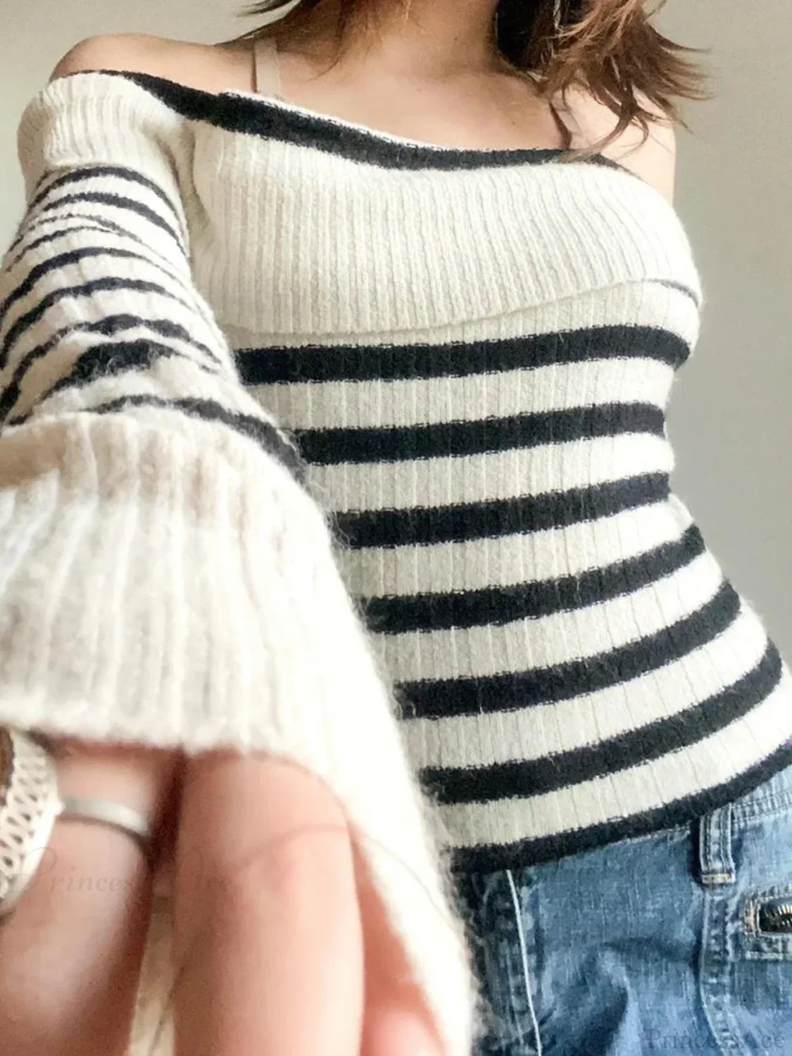Striped Knitted Slash Neck Long Sleeve Basic Pullover Sweater knittop-250126