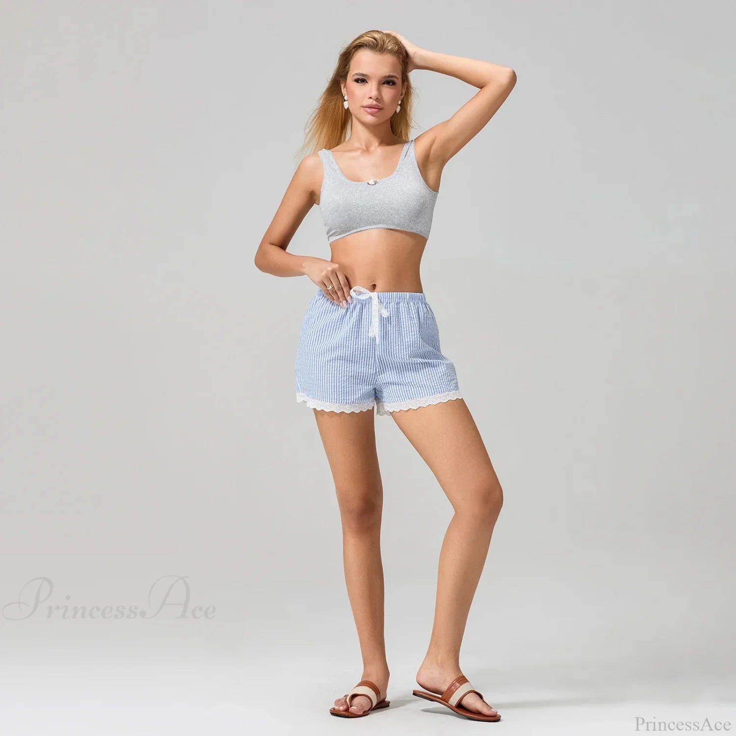 Striped Lace Trim Wide Leg Short short-250223