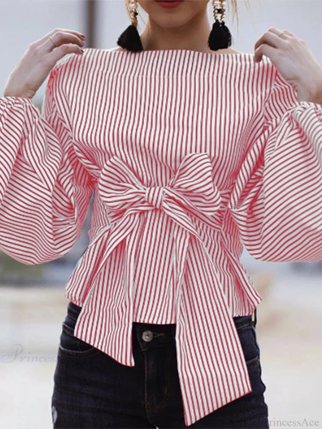 Striped Lantern Sleeve O-Neck Blouse Red / S blouse-250126