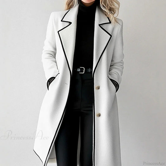 Striped Lapel Full Sleeve Woolen Overcoat White / S