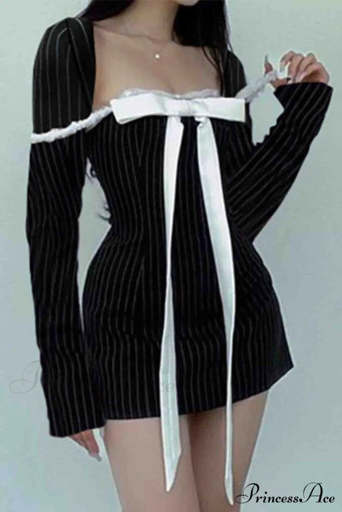 Striped Long Sleeve Mini Dress With Square Neck Bow Tie Dresses