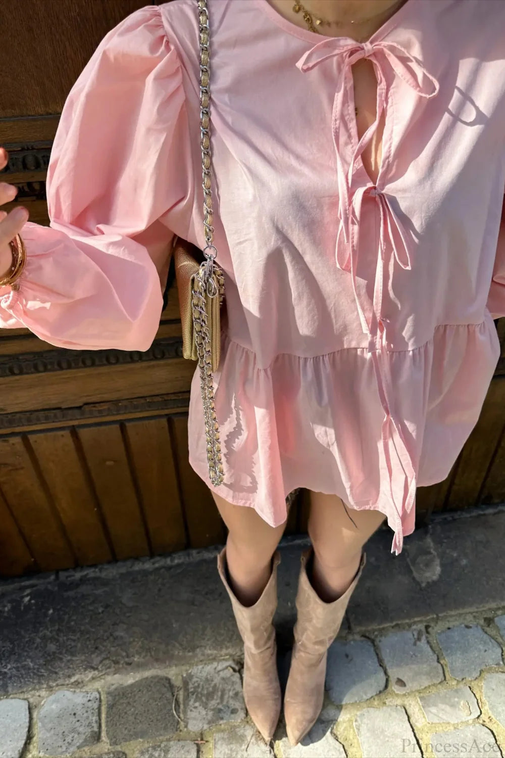 Striped Loose Fit Lace-Up Round Neck Blouse blouse-250126