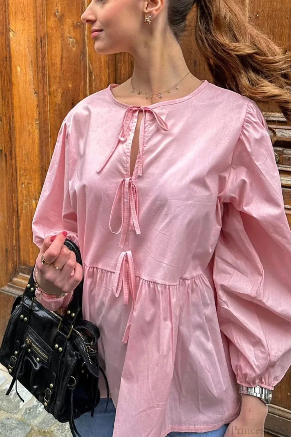 Striped Loose Fit Lace-Up Round Neck Blouse blouse-250126