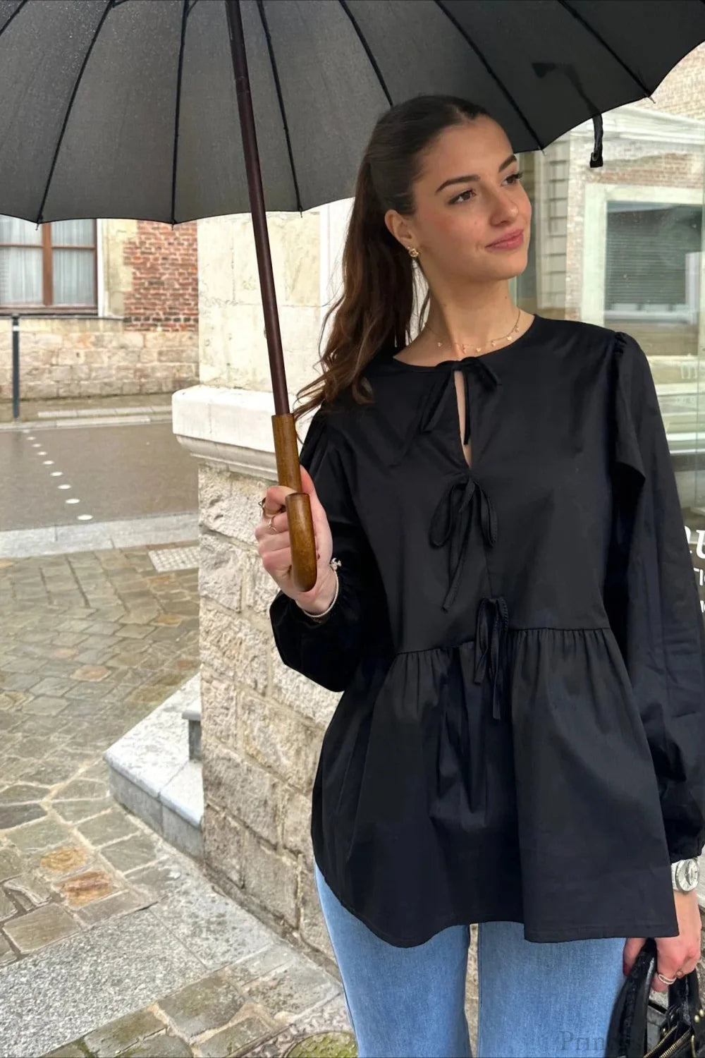 Striped Loose Fit Lace-Up Round Neck Blouse Black / S blouse-250126