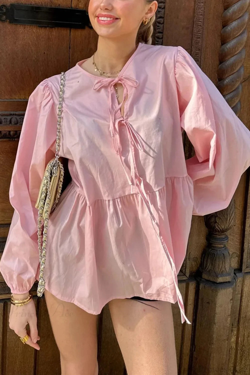 Striped Loose Fit Lace-Up Round Neck Blouse Pink / S blouse-250126