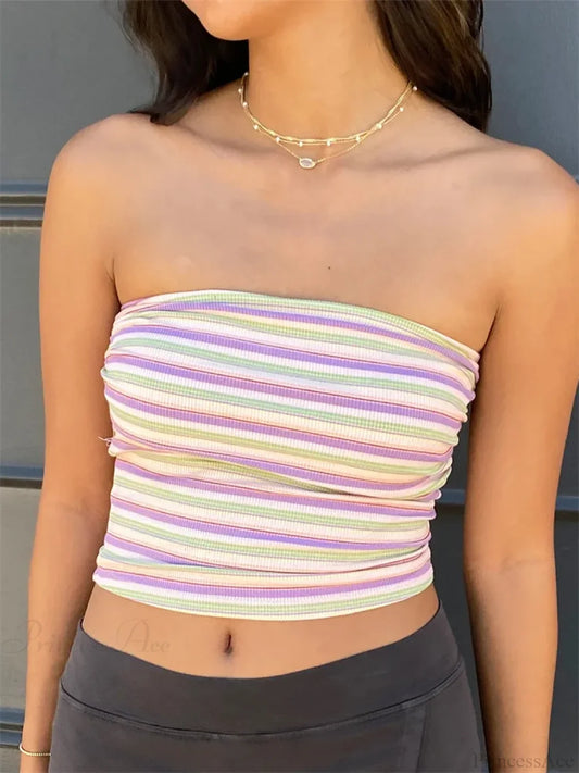 Striped Off Shoulder Strapless Tube Crop Top BLUE / S croptop-250126