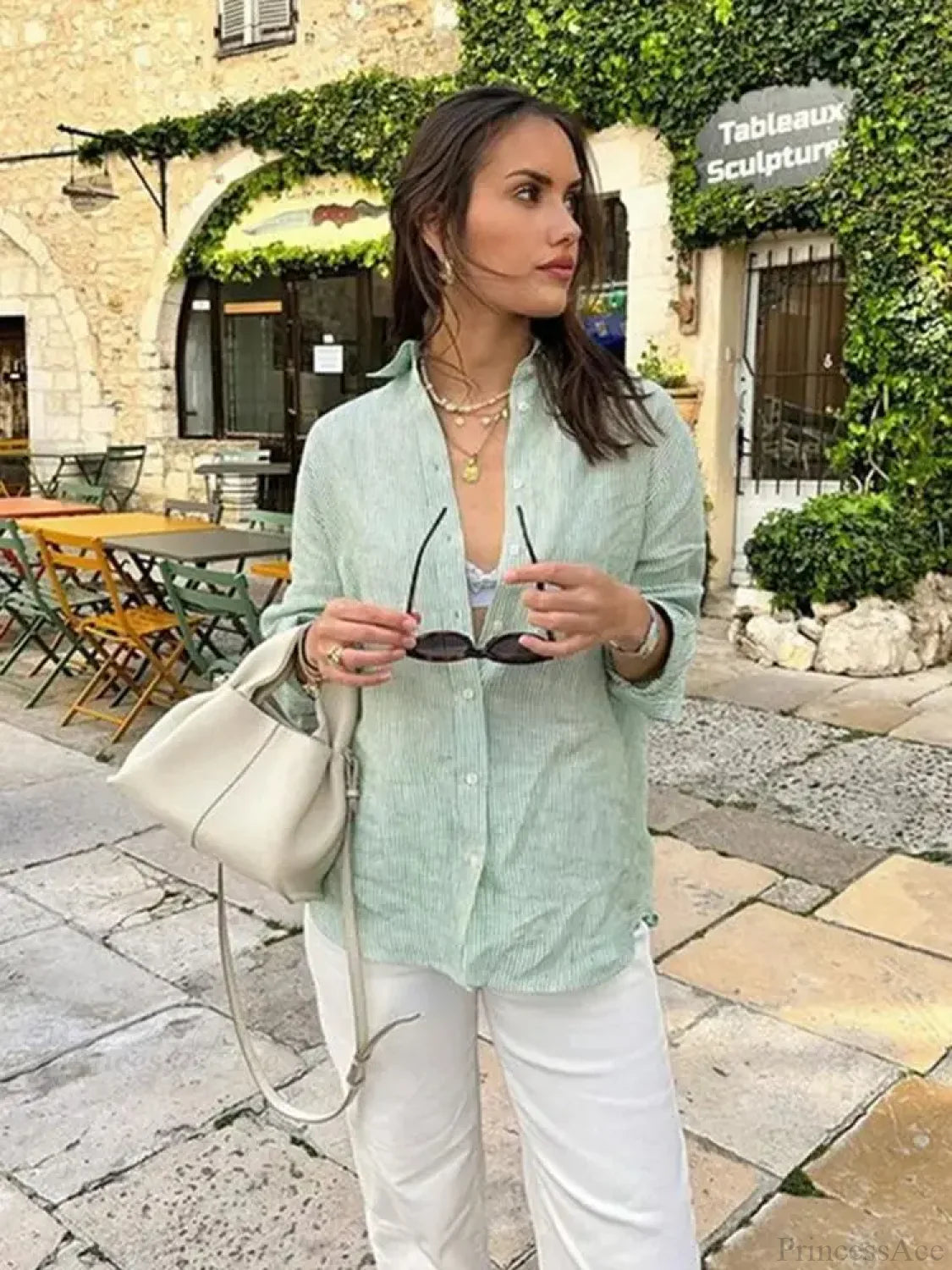 Striped Office Casual Blouse Green / S blouse-250223