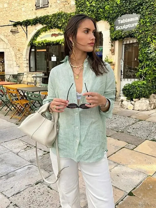 Striped Office Casual Blouse Green / S blouse-250223