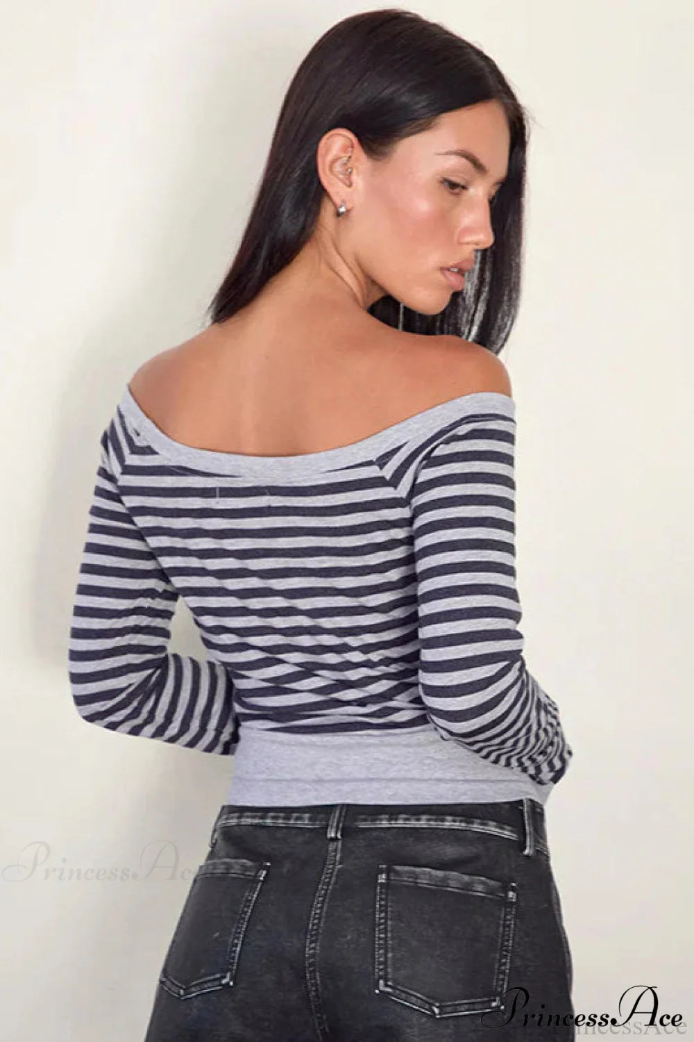 Striped Paneled Asymmetrical Neck Off Shoulder Short Long Sleeve Tee