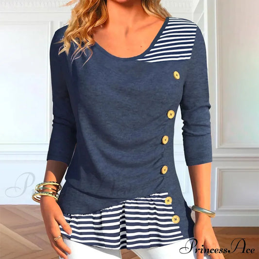 Casual Striped Patchwork Blouse Dark Blue best Best Sellings clothes Plus Size Sale tops Topseller