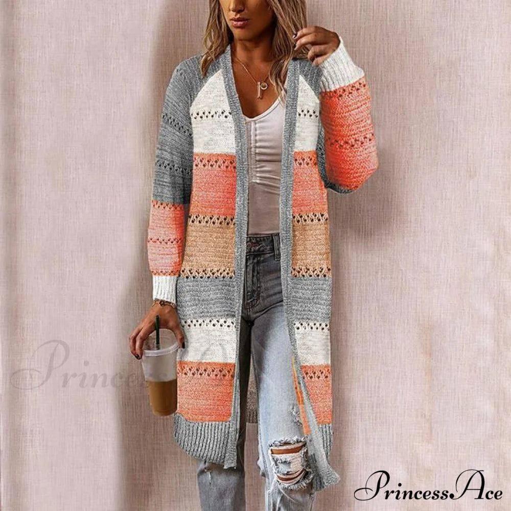 Striped Patchwork Cardigan Orange Best Sellings cardigan cardigans clothes Plus Size Sale tops Topseller