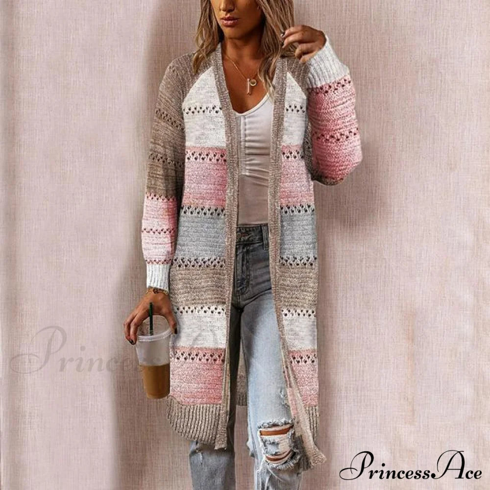 Striped Patchwork Cardigan Pink Best Sellings cardigan cardigans clothes Plus Size Sale tops Topseller