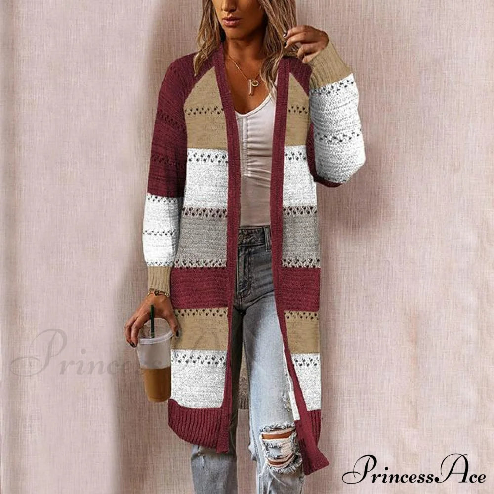 Striped Patchwork Cardigan Red Best Sellings cardigan cardigans clothes Plus Size Sale tops Topseller