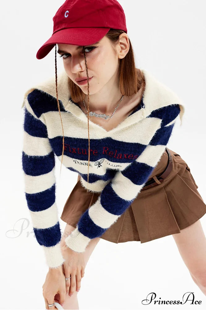 Striped Patchwork Knitted Sweater With Lapel Beige / M Sweaters-L