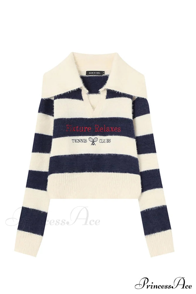 Striped Patchwork Knitted Sweater With Lapel Sweaters-L