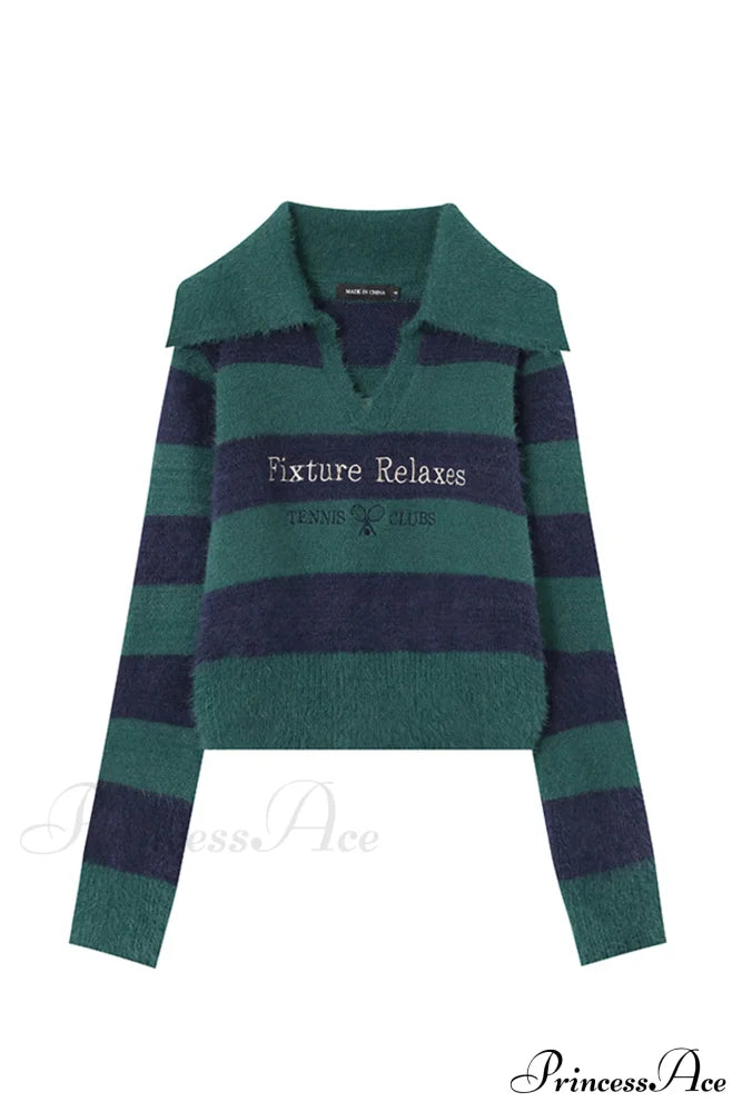 Striped Patchwork Knitted Sweater With Lapel Sweaters-L