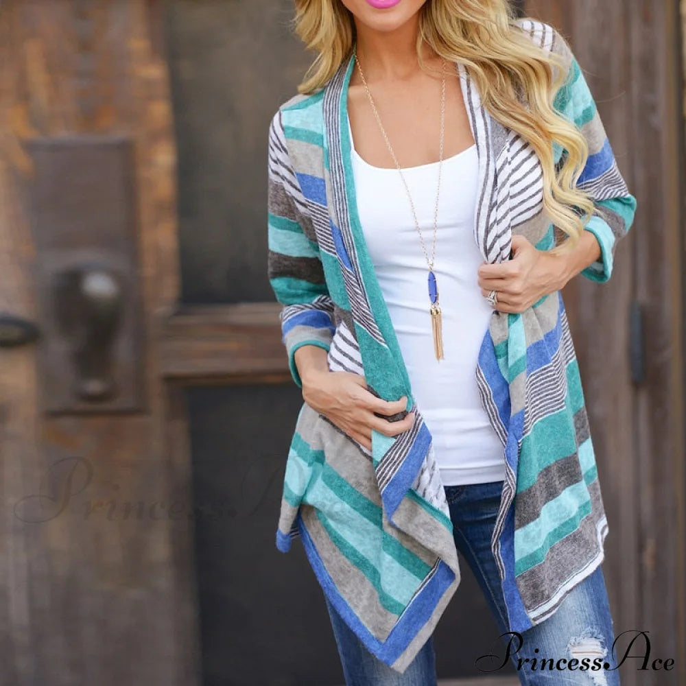 Striped Print Boho Cardigan Outwear Knitted Casual Vintage Coat