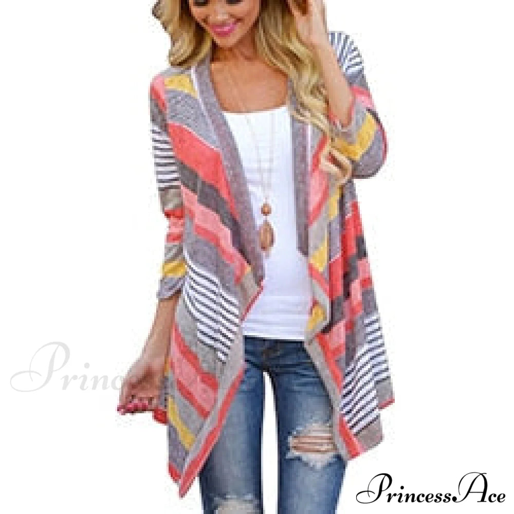 Striped Print Boho Cardigan Outwear Knitted Casual Vintage Coat Red / S