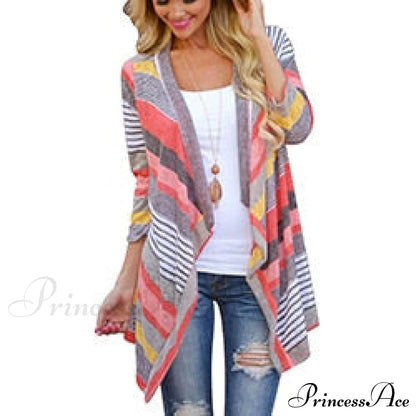 Striped Print Boho Cardigan Outwear Knitted Casual Vintage Coat Red / S