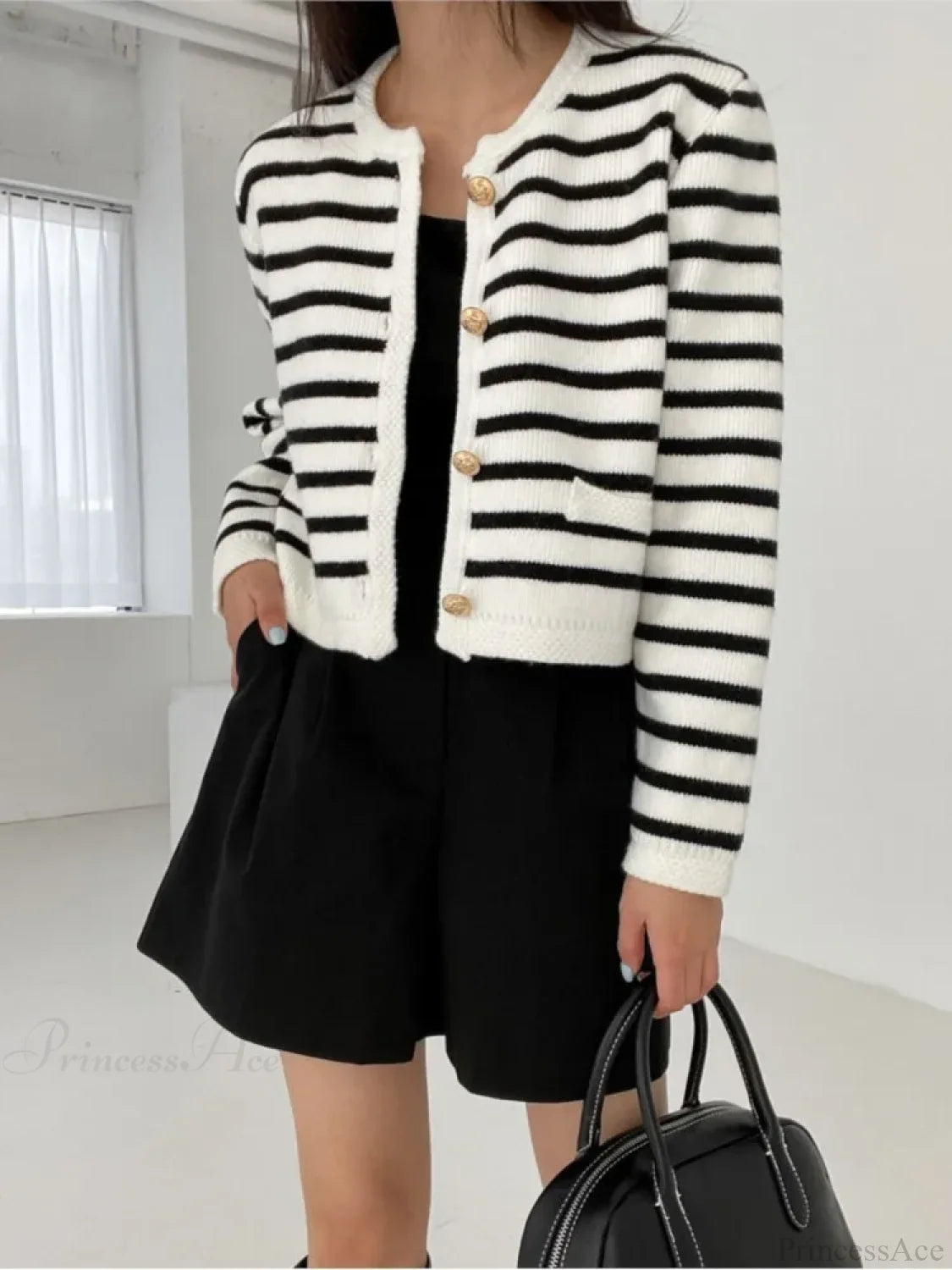 Striped Print Cropped Loose Knit Knit Cardigan cardiagn-250126