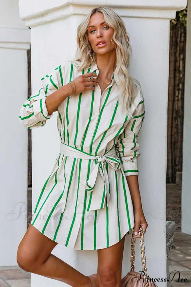 Striped Print Lace-Up Shirt Dress - Green / S Mini Dresses