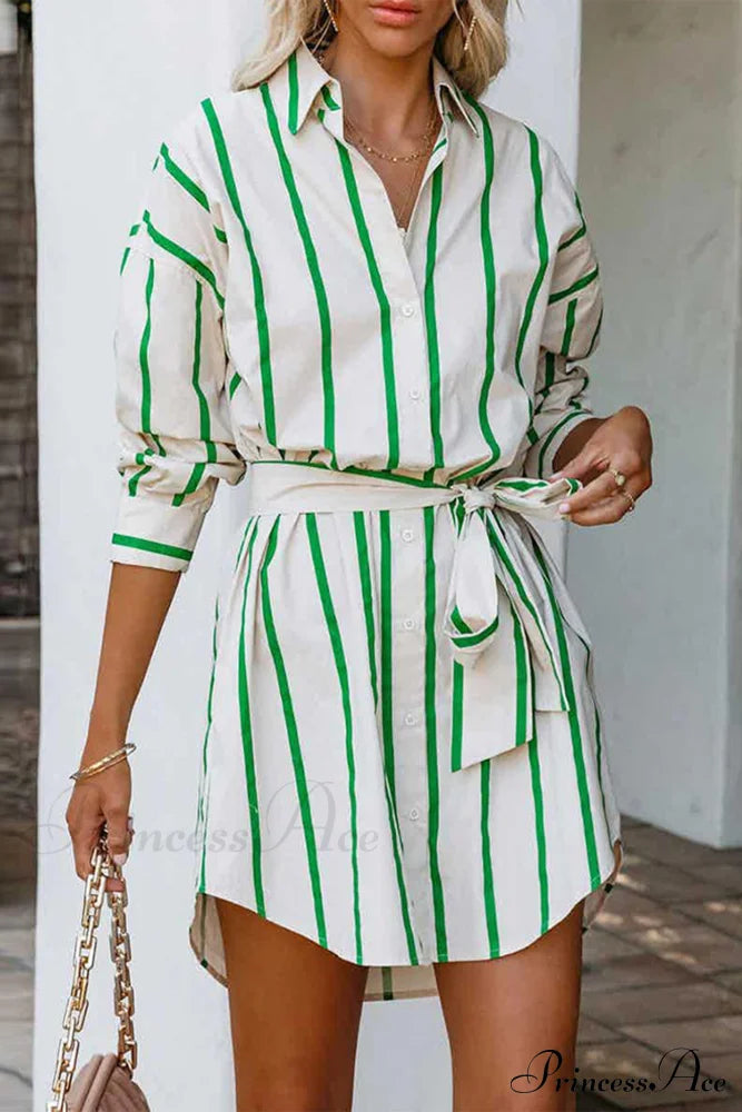 Striped Print Lace-Up Shirt Dress - Green / Xl Mini Dresses