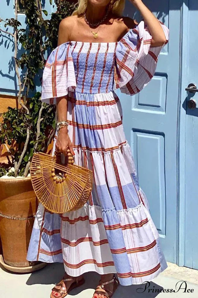 Striped Print Ruffle Sleeve Tiered Dress Blue / S Maxi Dresses