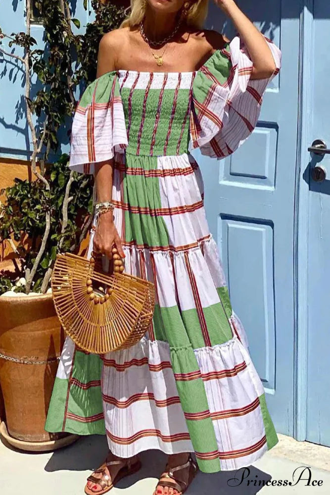 Striped Print Ruffle Sleeve Tiered Dress Green / M Maxi Dresses