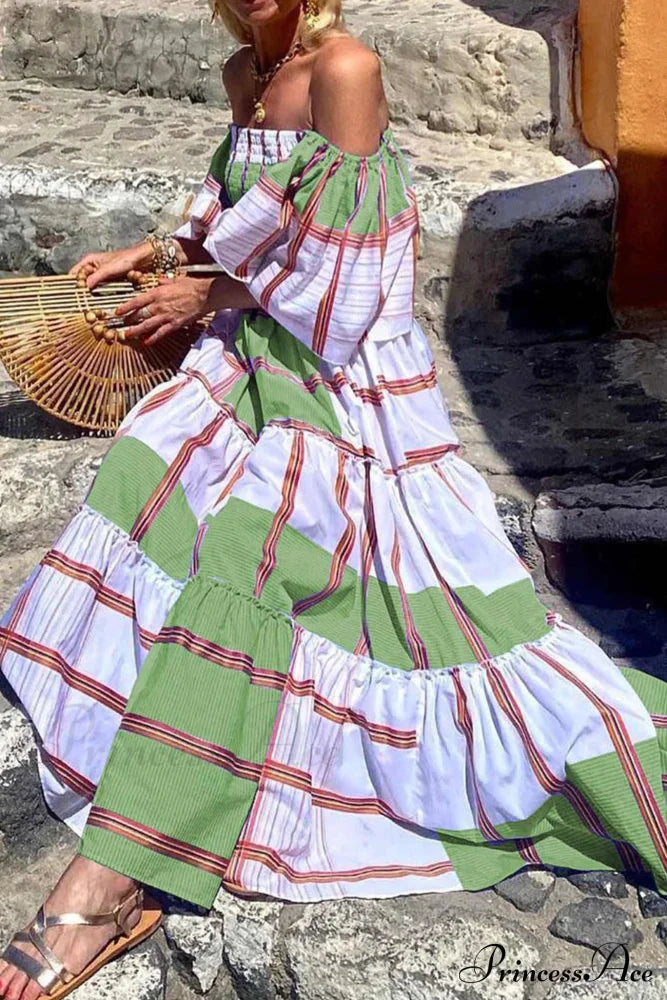 Striped Print Ruffle Sleeve Tiered Dress Green / S Maxi Dresses