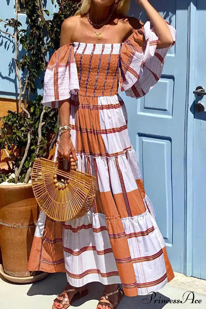 Striped Print Ruffle Sleeve Tiered Dress Orange / L Maxi Dresses