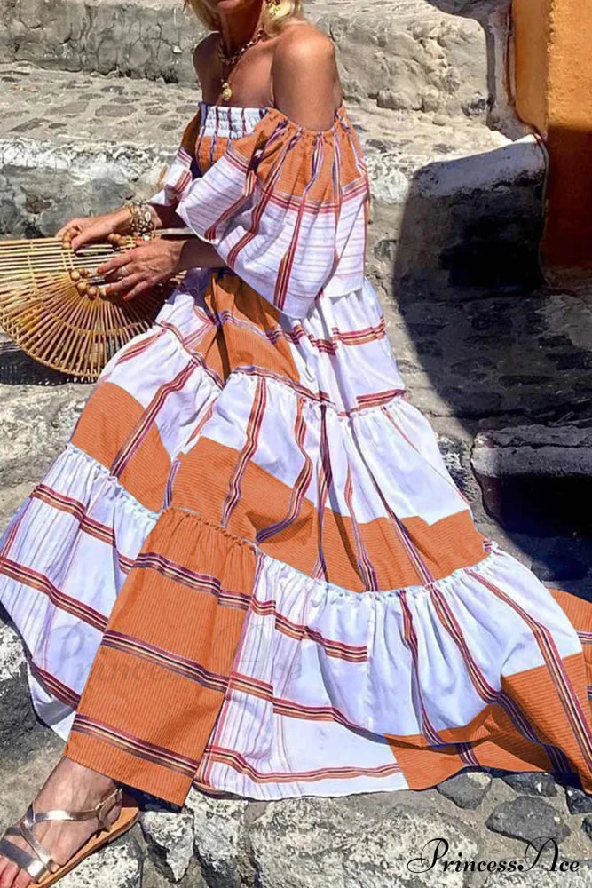 Striped Print Ruffle Sleeve Tiered Dress Orange / M Maxi Dresses