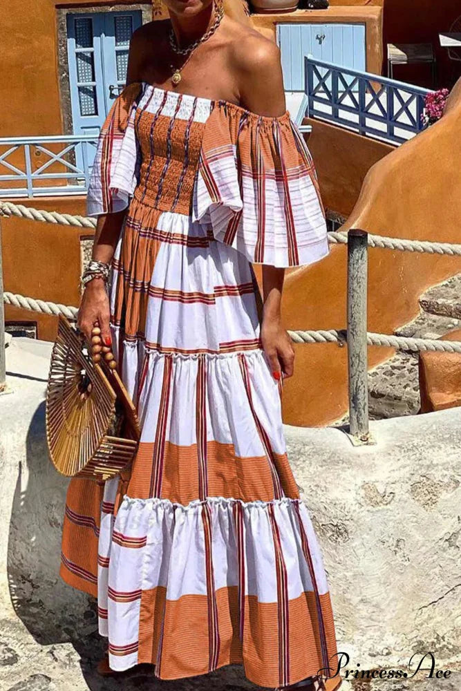 Striped Print Ruffle Sleeve Tiered Dress Orange / S Maxi Dresses