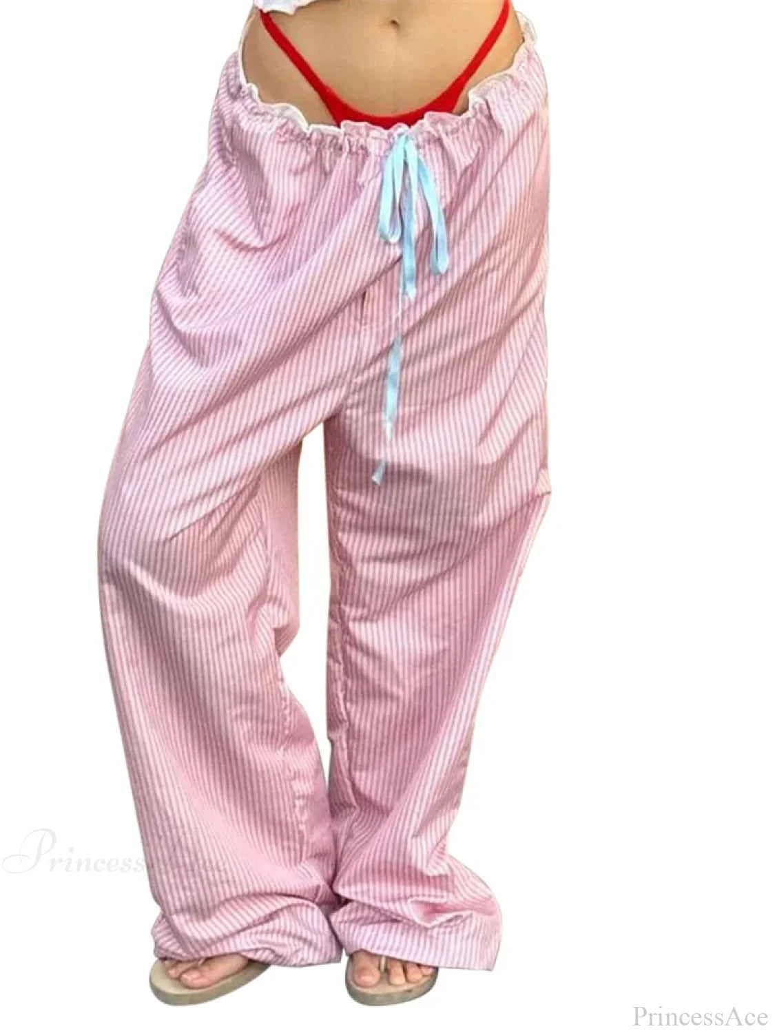 Striped Ruffles Drawstring Elastic Waist Casual Pant PINK / S pant-250223