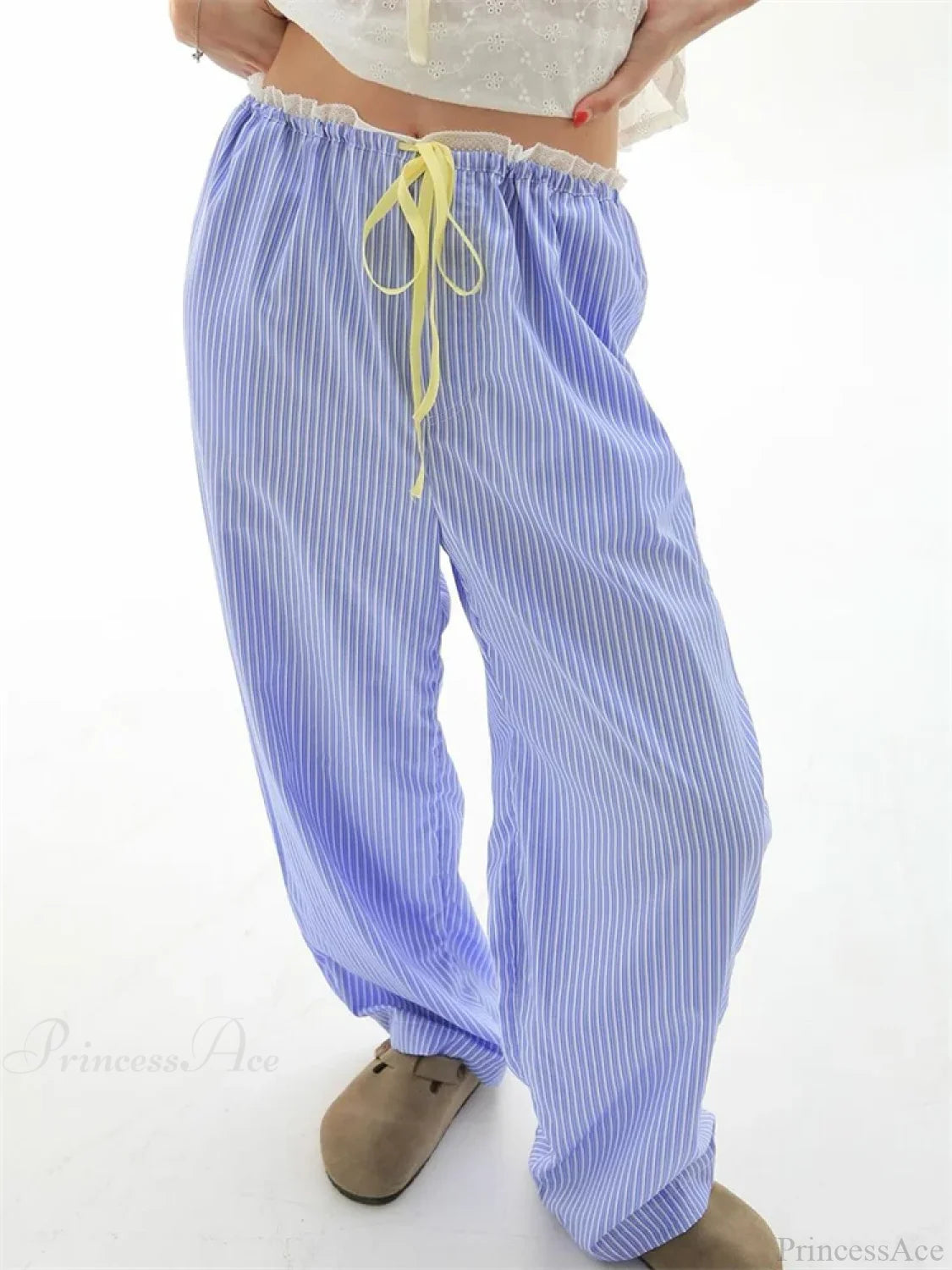 Striped Ruffles Drawstring Elastic Waist Casual Pant PRUPLE / S pant-250223