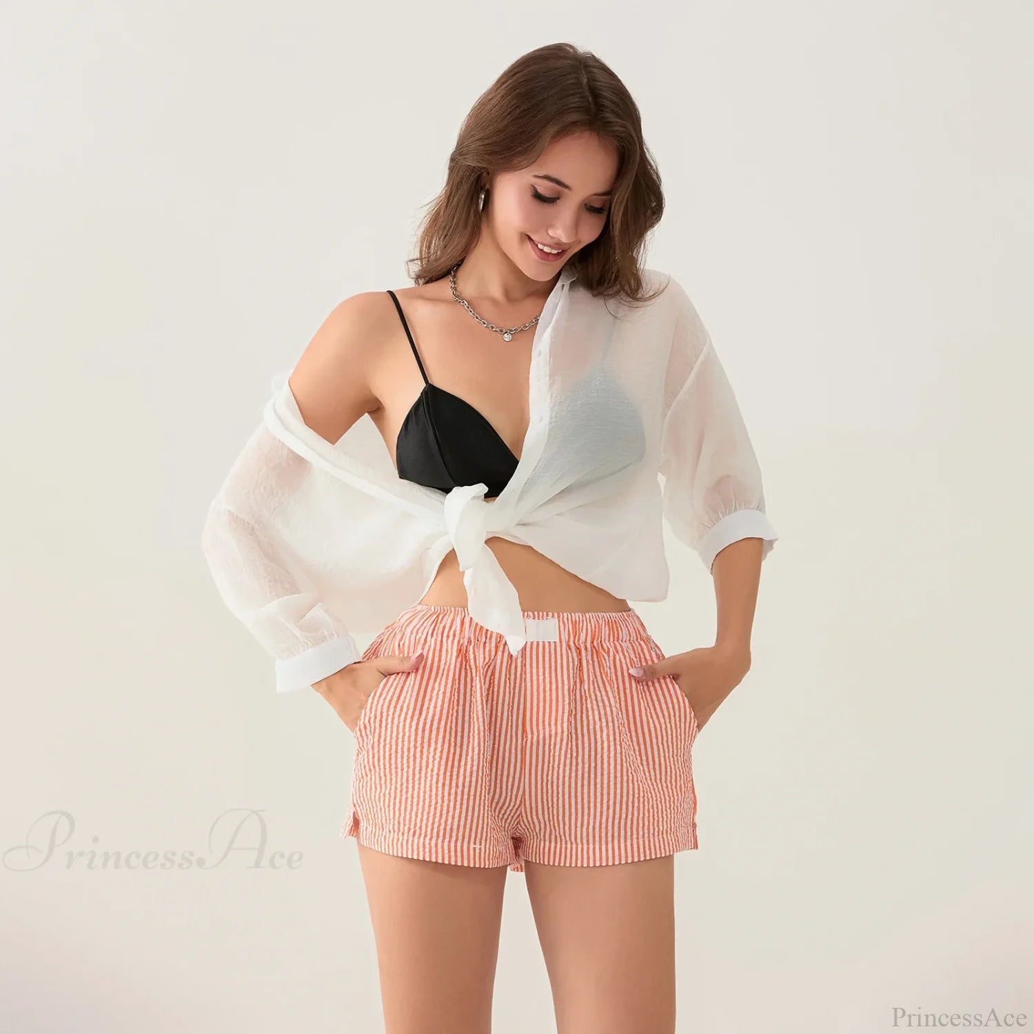 Striped Side Split Elastic Waist Short short-250223