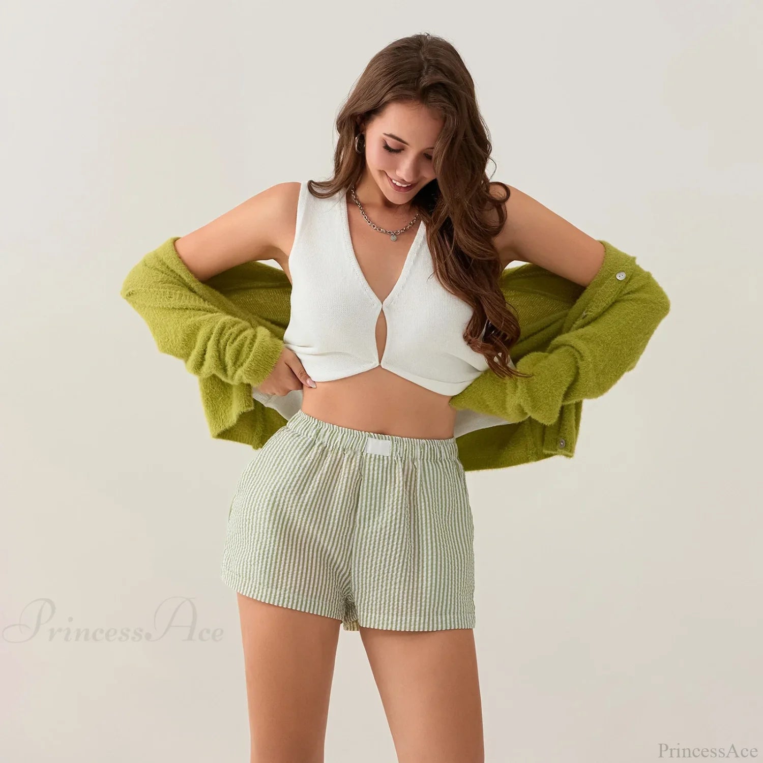 Striped Side Split Elastic Waist Short short-250223