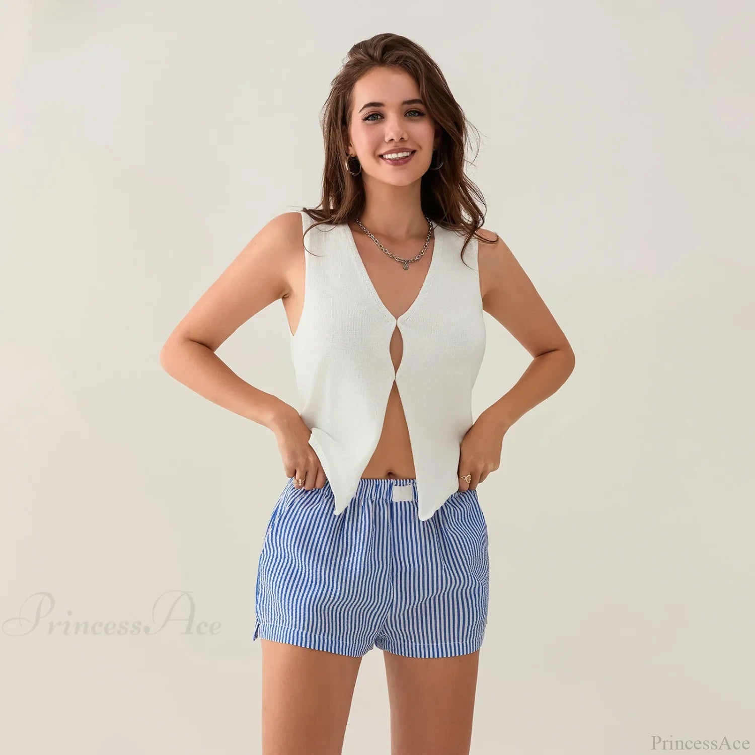 Striped Side Split Elastic Waist Short short-250223