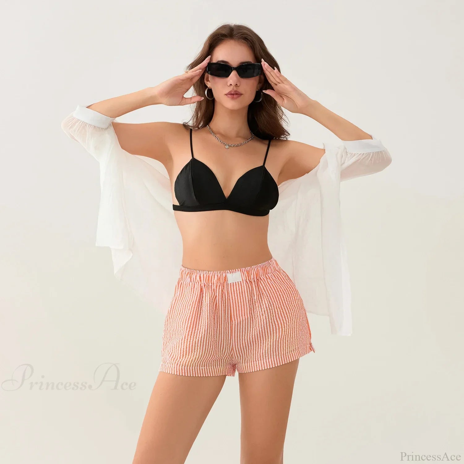 Striped Side Split Elastic Waist Short short-250223