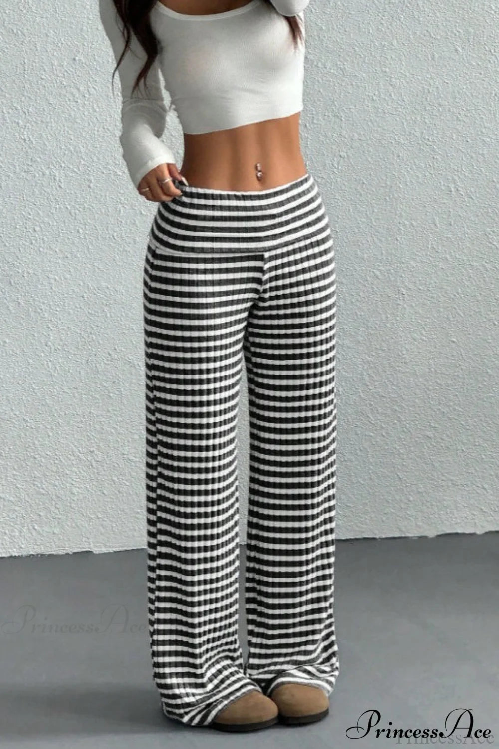 Striped Solid Knit Straight Leg Pants Black / S