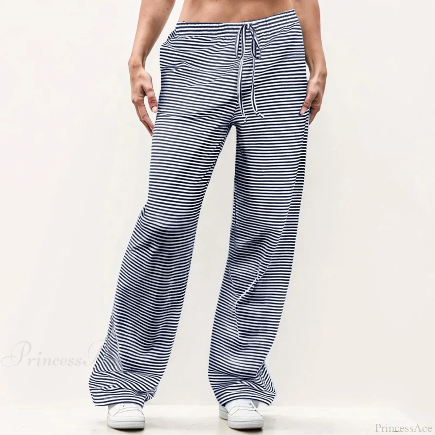Striped Solid Wide Leg Pants Blue / S