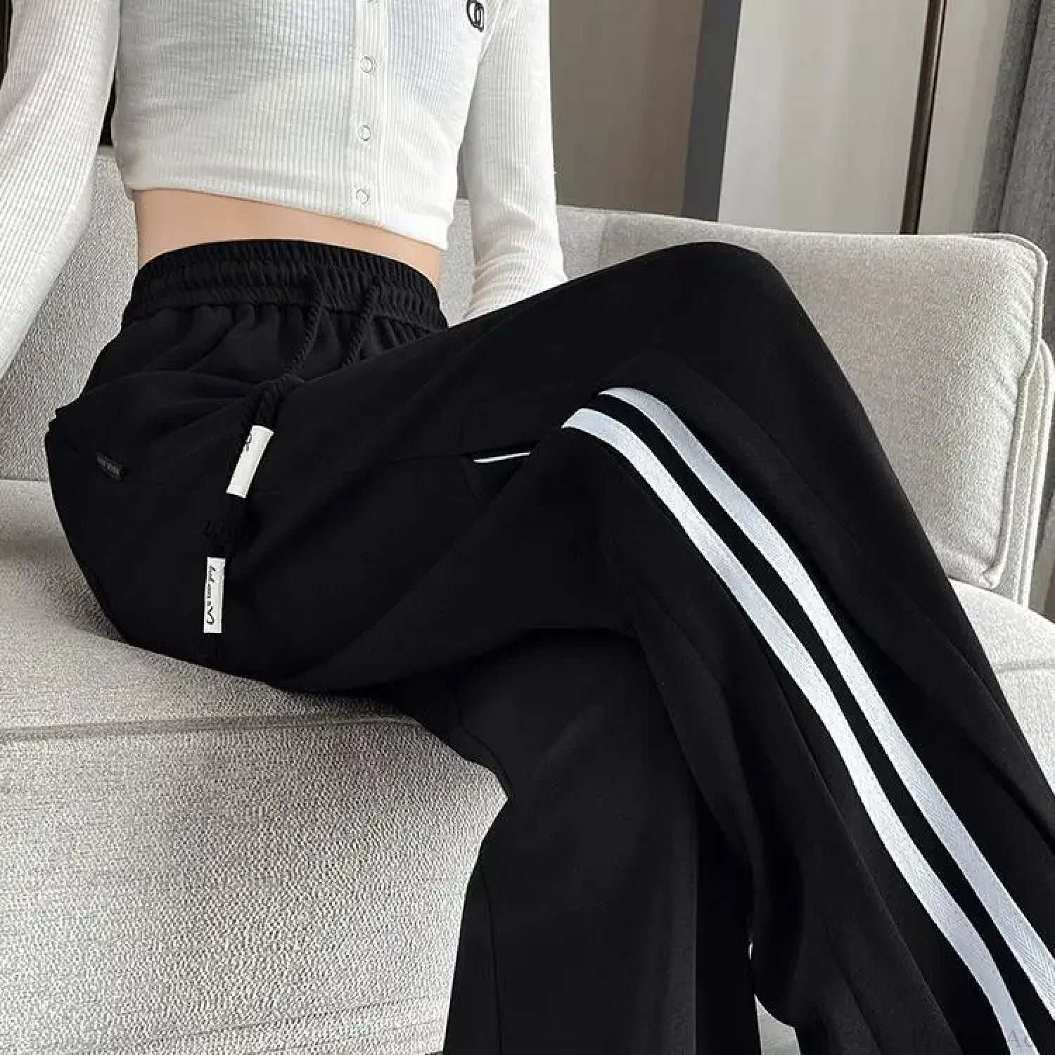 Striped Sports Casual High Waist Pants Black / M (40-50KG)