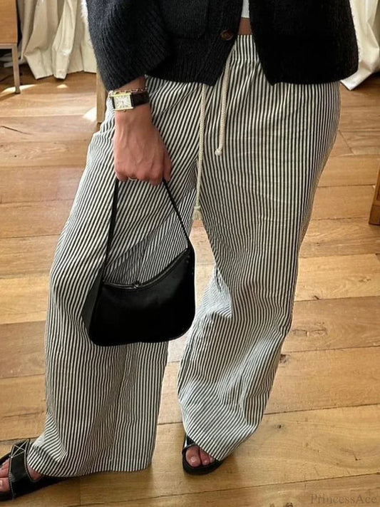 Striped Summer Loose Long Drawstring Pant BLACK / S pant-250223