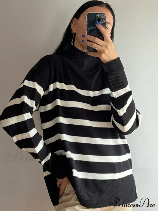 Striped Turtleneck Knitted Cozy Stylish Long Sleeve Comfortable Casual Warm Sweater Black / S