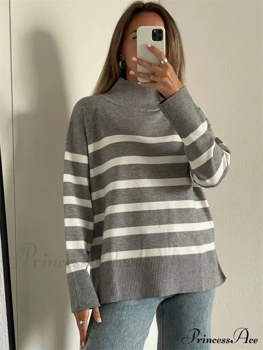 Striped Turtleneck Knitted Cozy Stylish Long Sleeve Comfortable Casual Warm Sweater Gray / S