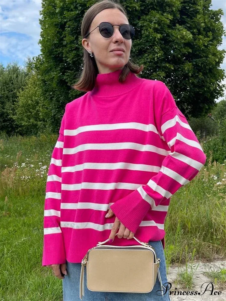 Striped Turtleneck Knitted Cozy Stylish Long Sleeve Comfortable Casual Warm Sweater Sweaters-L