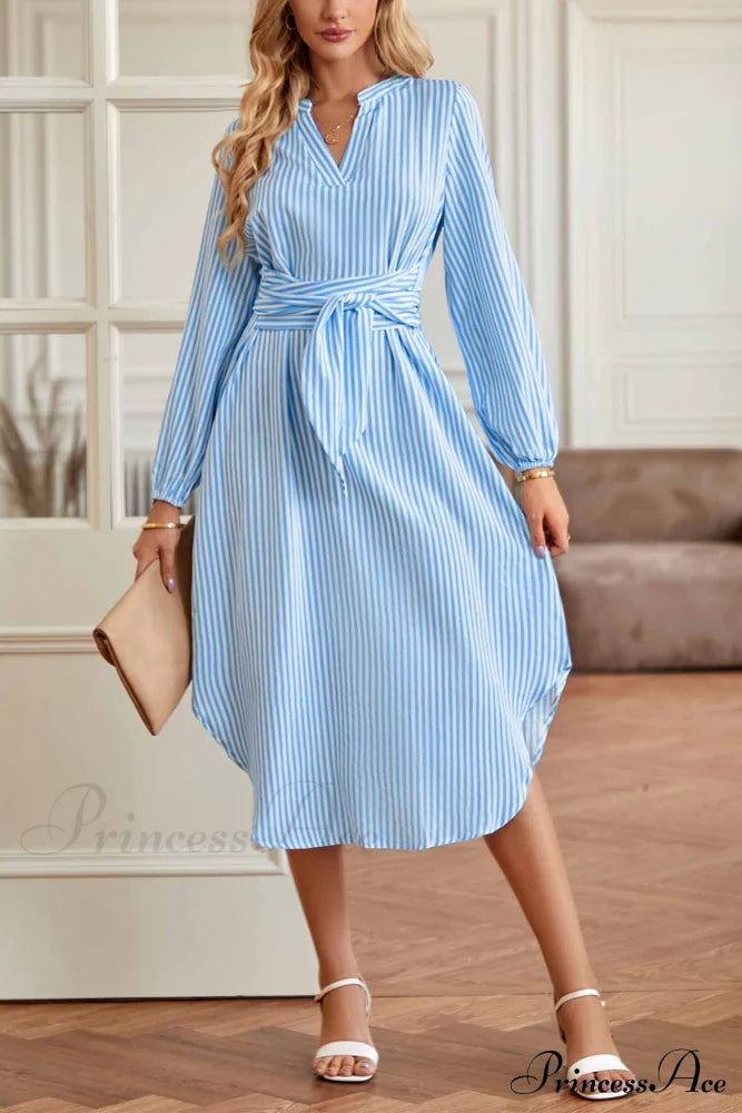 Striped V Neck Tie Waist Long Sleeve Midi Dress Blue / L Dresses