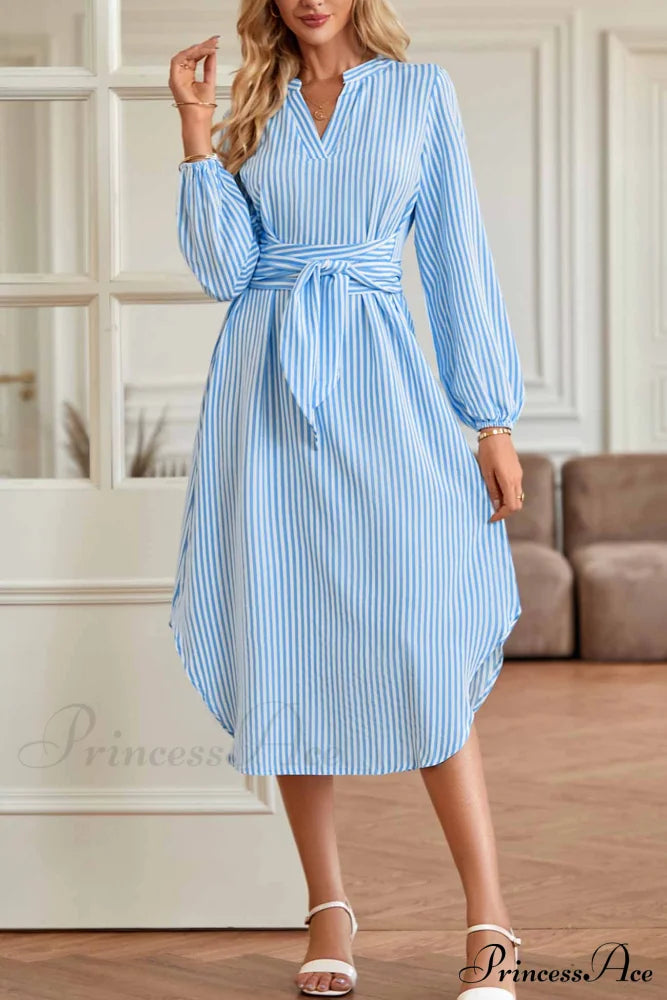 Striped V Neck Tie Waist Long Sleeve Midi Dress Blue / M Dresses